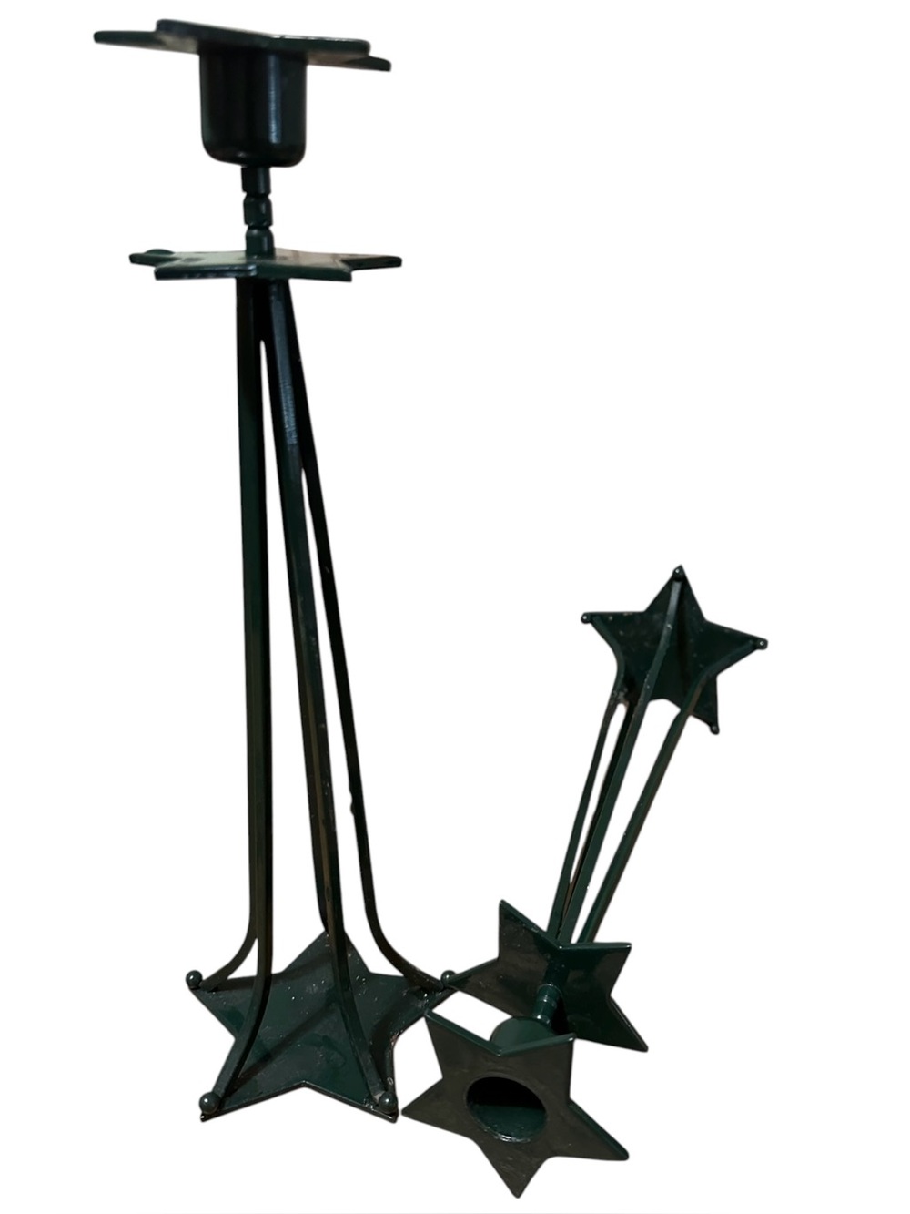 Vintage Celestial Star Metal Dark Green Candlestick Holders Metal Taper Set 11"